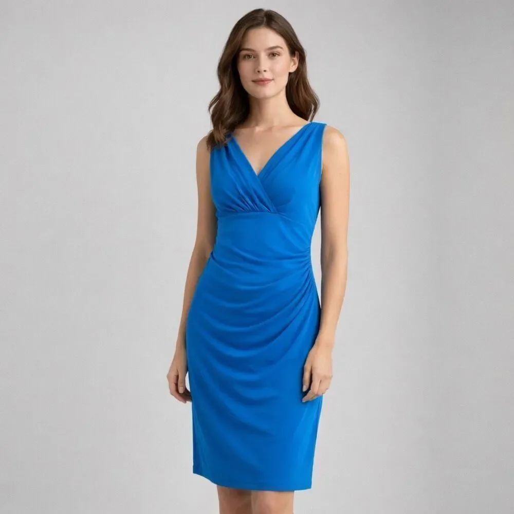 Lauren Ralph Lauren Blue Ruched Sheath Dress Size 8 Stretch Sleeveless